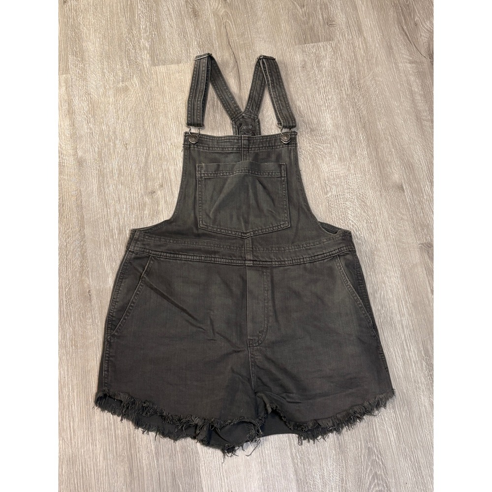 Aerie Women Washed Black Denim Shortall Overalls Raw Hem Gray Small